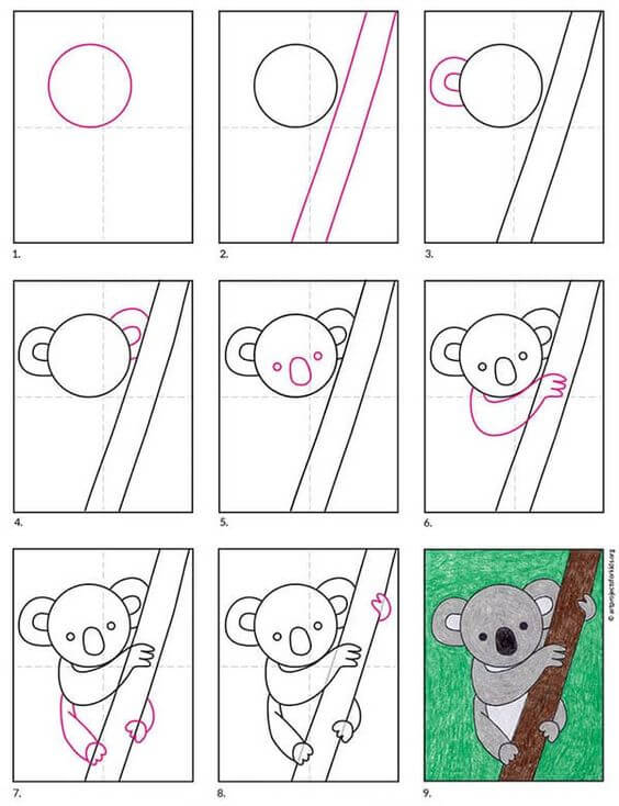 Jak Narysować Koala przytulony do drzewa